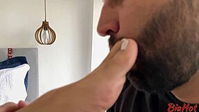 brunette gives foot adoration and sloppy blowjob.