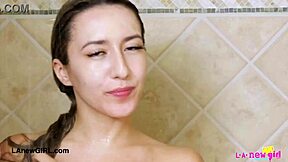 Stunning blonde stuns in a steamy shower before solo sofa play