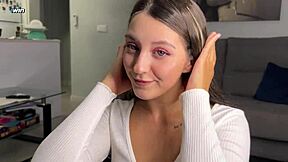 College girl on her knees with sloppy deepthroat! She takes cum on tits like a champ!