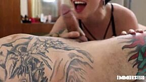 Teen brunette deepthroats and takes anal with monster cock