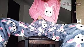teen 18+ stepdaughter in pajama with small boobs teasing and playing