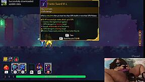 Chubby ebony gamer girl fucked with dildo during Dead Cells gameplay