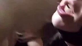 She sucks monster cock with small tits, orgasms, then gets facial in different view.