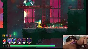 Chubby ebony gamer girl fucked with dildo during Dead Cells gameplay