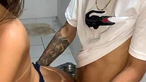 the skinny latina cousin couldn't resist the huge bulge in her cousin's shorts, worshiping his ass and giving him a pussy kiss