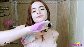 Cute Teen Slut Showers Before Sofa Photoshoot
