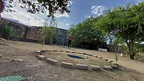 Latina babe kisses and takes big cock from farmhand.