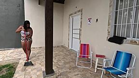 she cleans in tight clothes and gets cum in mouth