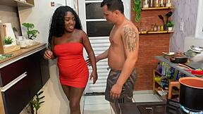 this quick kitchen fuck ends with cum on her ass