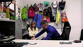 Busty hottie caught at work and fucked with stolen sex toys