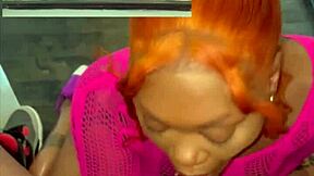 Curvy ebony girl gives sloppy blowjob with ball licking on stairs