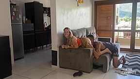 Husband's in the kitchen, but she's flashing her pussy to her friend with a big cock! 😏