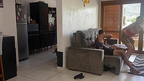 Husband's in the kitchen, but she's flashing her pussy to her friend with a big cock! 😏