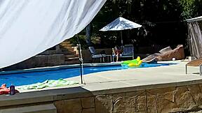 Lexi Bloom, cute skinny coed, tied up and fucked hard by monster cock at pool, receiving cum facial.