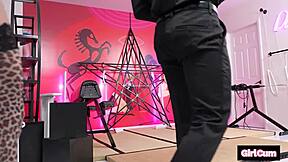 In the dungeon, the brunette babe with a tight pussy gets bent over for a blowjob, then rides the monster cock until she quivers in orgasm.