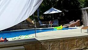 Lexi Bloom, cute skinny coed, tied up and fucked hard by monster cock at pool, receiving cum facial.