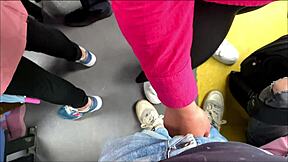 in public transport, a crossdressing amateur friend spreads his ass for a big cock fucking while farting.