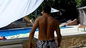 Lexi Bloom, cute skinny coed, tied up and fucked hard by monster cock at pool, receiving cum facial.