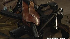 Naked pale lesbian slave with big boobs moans during whipping and fingering