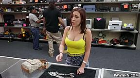 Busty babe caught on cam fucking in shop toilet