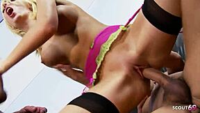 Skinny blonde teen Christine Love seduces to DVP DPP MMF threesome sex!