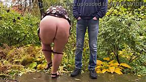 curvy housewife pees outdoor with wet saggy tits