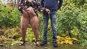 curvy housewife pees outdoor with wet saggy tits