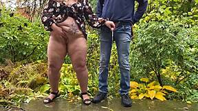 curvy housewife pees outdoor with wet saggy tits