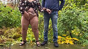 curvy housewife pees outdoor with wet saggy tits