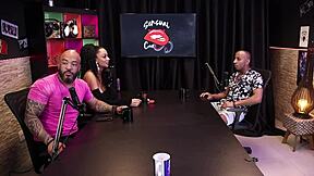 Naughty brunette surprises with blowjob and measurements in sheer red lingerie