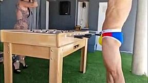 I licked my neighbor's pussy in the pool while playing foosball