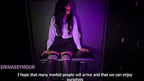 Beautiful brunette with big ass and long hair gets two dicks in glory hole