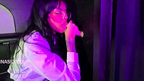 Beautiful brunette with big ass and long hair gets two dicks in glory hole