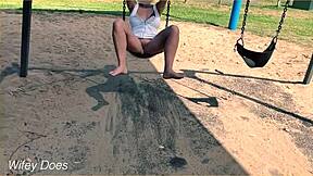 wife flashes big tits and shaved pussy on swing