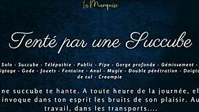 A succubus tempts with French dirty talk in public.