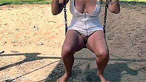 wife flashes big tits and shaved pussy on swing