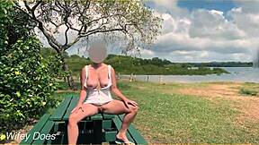 wife flashes big tits and shaved pussy on swing