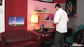 shy redhead helps fake agent cum on her tits