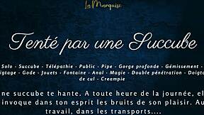 A succubus tempts with French dirty talk in public.