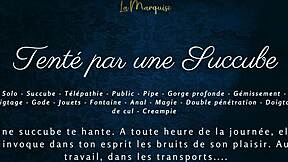 A succubus tempts with French dirty talk in public.