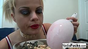 Hot Nadia masturbates with military soldiers in cereal