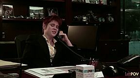 Rude redhead boss takes of her submissive lesbian employee by ramming her with a strapon