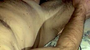 mature european jerks huge cock in bedroom, reaching orgasm with small dick