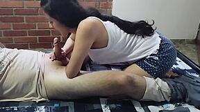 Latina stepmom swallows cum after sucking