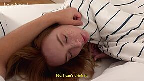 Stepbrother warms up skinny stepsister with close-up cock action in bed.