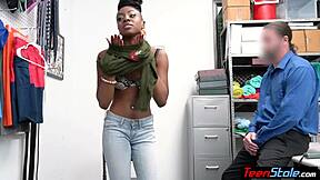 ebony teen thief negotiates freedom with footjob and personal services in reality setting