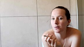 Cute bathroom smoking session with skinny beautiful babe in homemade setting