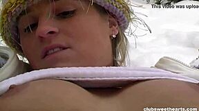 naked woman fingers her tight shaved pussy with toys in the snow intensely