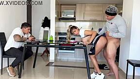 Cuckold gamer watches roommate fuck his girlfriend in kitchen