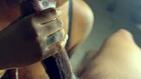 SUCKING BIG BLACK COCK and LICKING BALLS for CUM in MOUTH at the HOOD salon.